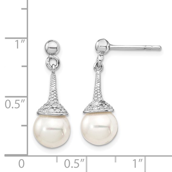 Sterling Silver Rhodium-plated CZ and Imitation Shell Pearl Dangle Earrings