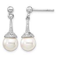 Sterling Silver Rhodium-plated CZ and Imitation Shell Pearl Dangle Earrings view 1