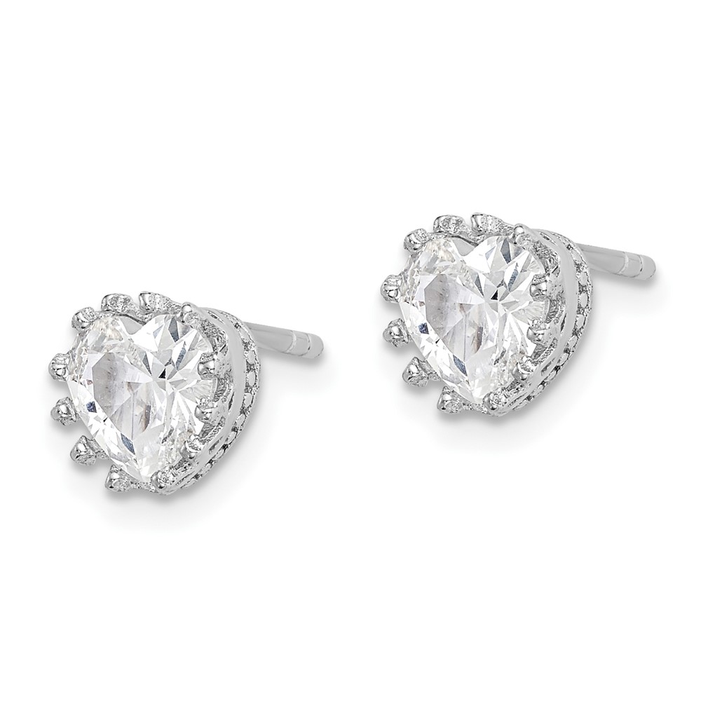 Sterling Silver RH-plated Polished & Textured 6mm Heart CZ Stud Earrings (QE15239)