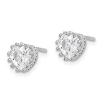 Sterling Silver RH-plated Polished & Textured 6mm Heart CZ Stud Earrings view 2