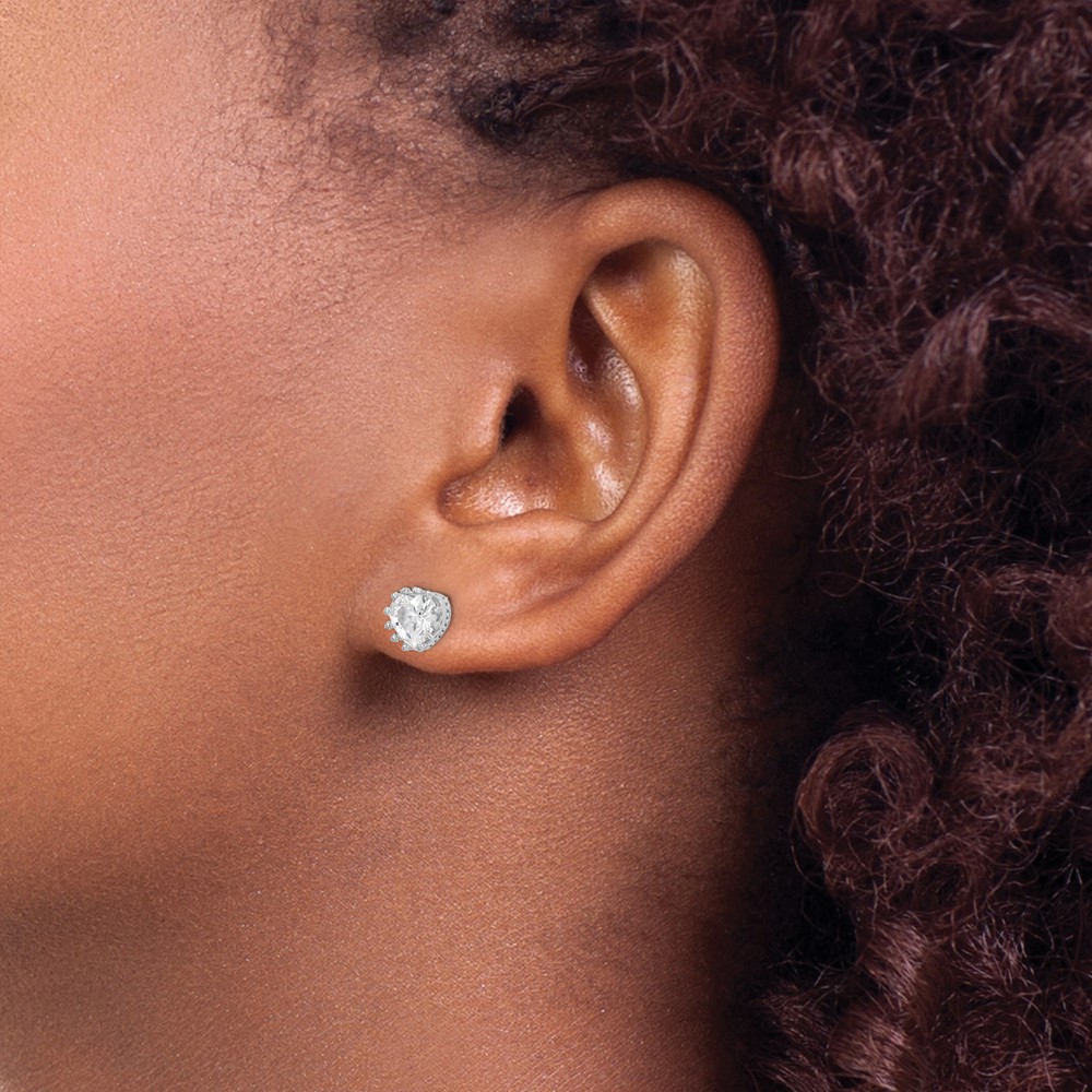Sterling Silver RH-plated Polished & Textured 6mm Heart CZ Stud Earrings (QE15239)