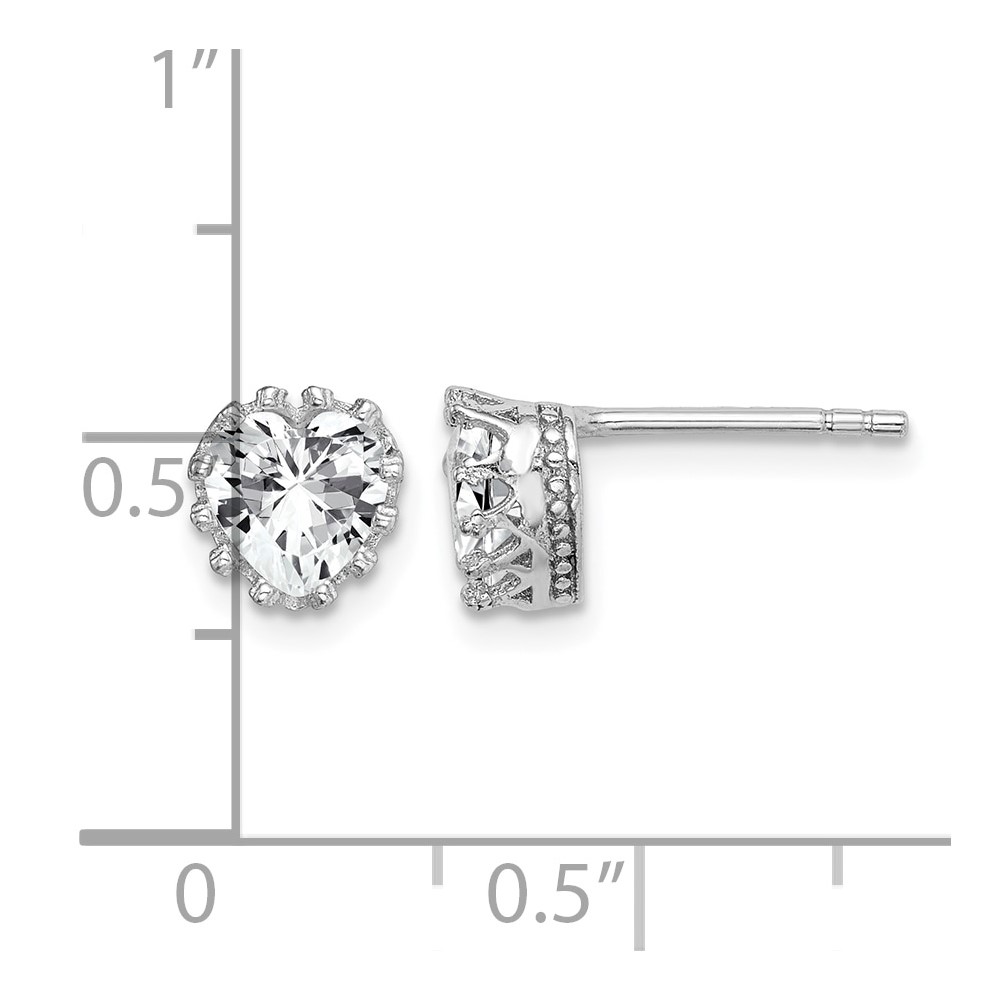Sterling Silver RH-plated Polished & Textured 6mm Heart CZ Stud Earrings (QE15239)