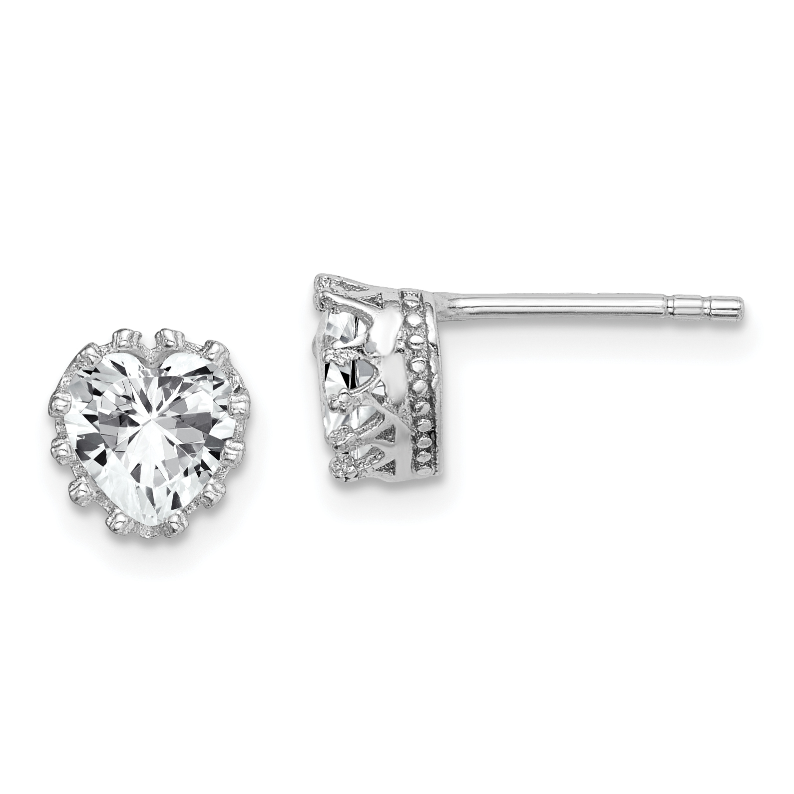 Sterling Silver RH-plated Polished & Textured 6mm Heart CZ Stud Earrings (QE15239)