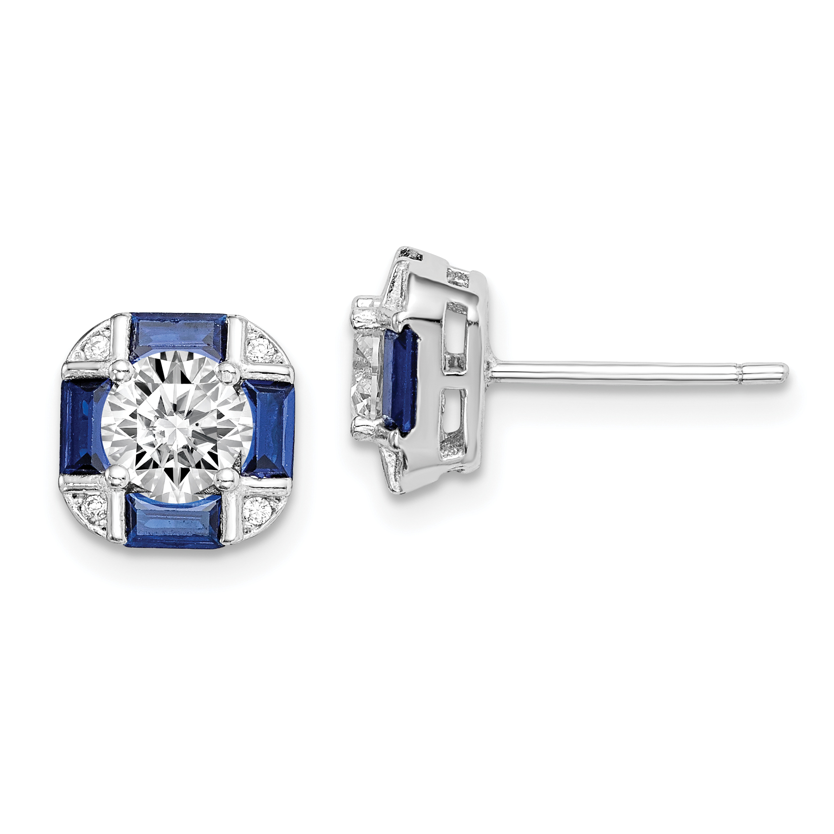 Sterling Silver Rhodium-plated CZ and Lab Created Blue Spinel Earrings (QE15241)