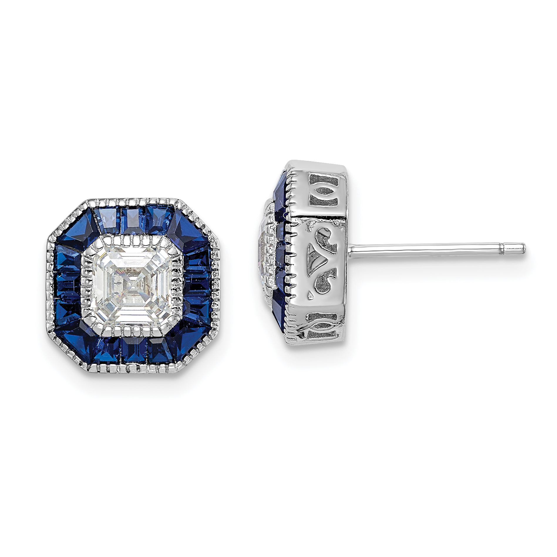 Sterling Silver Rhodium-plated Synthetic Blue Spinel and CZ Earrings (QE15252)