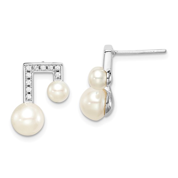 Sterling Silver Rhod-plat 6-7mm White Button FWC Pearl CZ Earrings