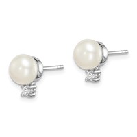 Sterling Silver Rhodium-plated 6-7mm White Button Freshwater Cultured Pearl and CZ Post Earrings view 2