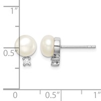 Sterling Silver Rhodium-plated 6-7mm White Button Freshwater Cultured Pearl and CZ Post Earrings view 4