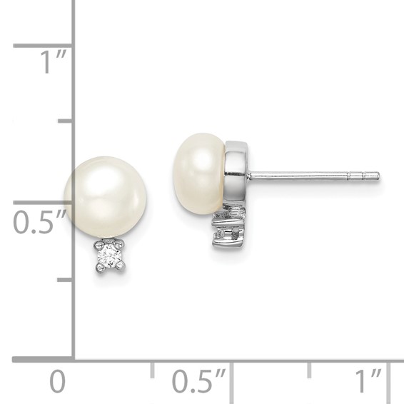 Sterling Silver Rhodium-plated 6-7mm White Button Freshwater Cultured Pearl and CZ Post Earrings