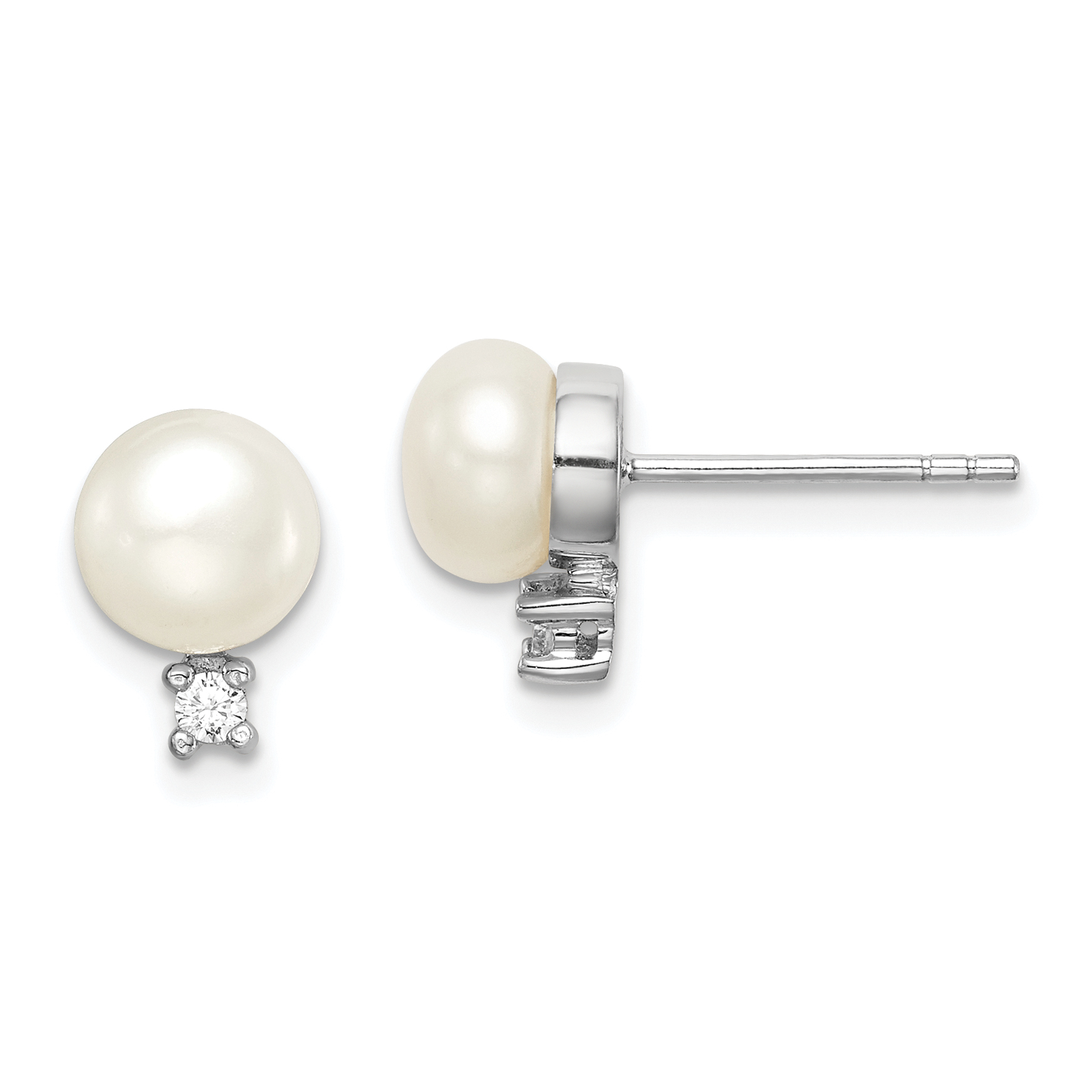 Sterling Silver Rhodium-plated 6-7mm White Button Freshwater Cultured Pearl and CZ Post Earrings (QE15258)
