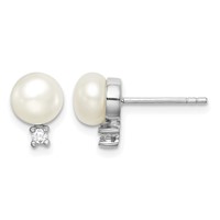 Sterling Silver Rhodium-plated 6-7mm White Button Freshwater Cultured Pearl and CZ Post Earrings view 1