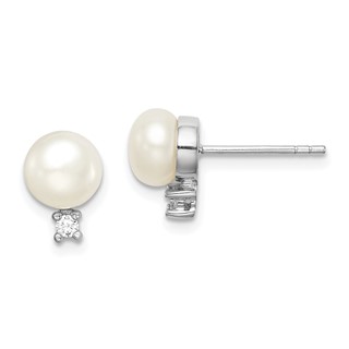 Sterling Silver Rhodium-plated 6-7mm White Button Freshwater Cultured Pearl and CZ Post Earrings