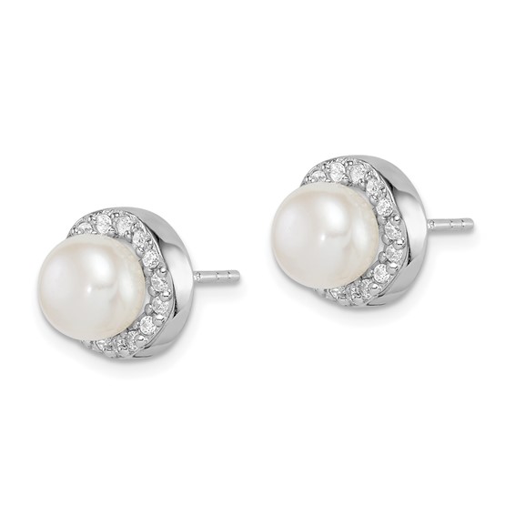 Sterling Silver Rhodium-plated 7-8mm White Button Freshwater Cultured Pearl and CZ Post Earrings