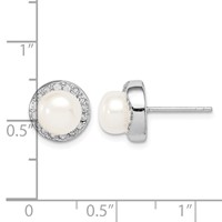 Sterling Silver Rhodium-plated 7-8mm White Button Freshwater Cultured Pearl and CZ Post Earrings view 4