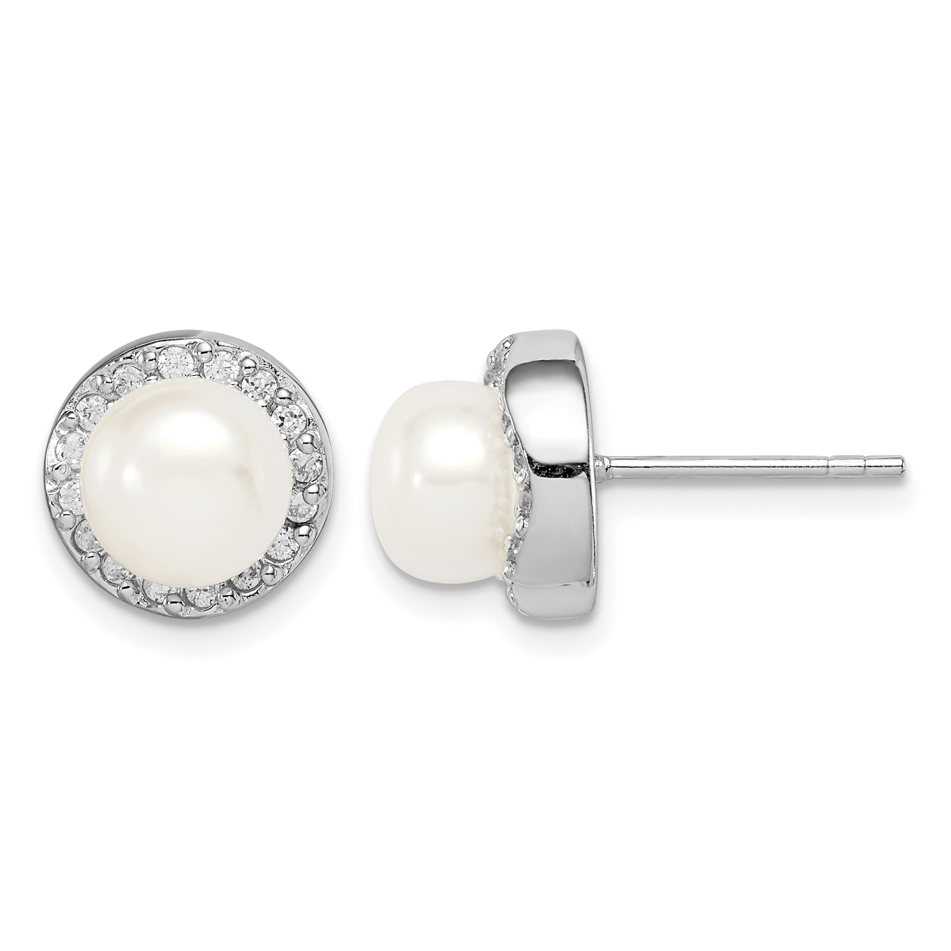 Sterling Silver Rhodium-plated 7-8mm White Button Freshwater Cultured Pearl and CZ Post Earrings (QE15262)
