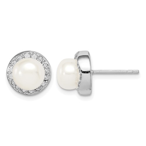 Sterling Silver Rhodium-plated 7-8mm White Button Freshwater Cultured Pearl and CZ Post Earrings