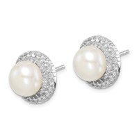 Sterling Silver Rhodium-plated 8-9mm White Button Freshwater Cultured Pearl and CZ Post Earrings view 2