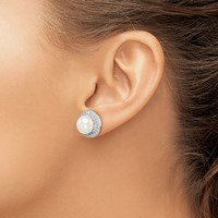 Sterling Silver Rhodium-plated 8-9mm White Button Freshwater Cultured Pearl and CZ Post Earrings view 3