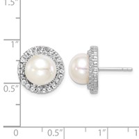 Sterling Silver Rhodium-plated 8-9mm White Button Freshwater Cultured Pearl and CZ Post Earrings view 4