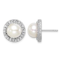 Sterling Silver Rhodium-plated 8-9mm White Button Freshwater Cultured Pearl and CZ Post Earrings view 1