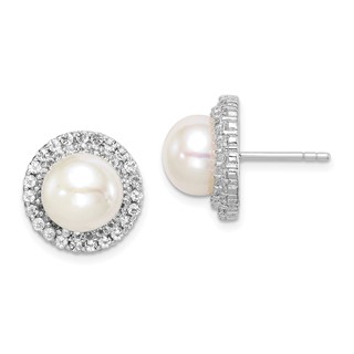 Sterling Silver Rhodium-plated 8-9mm White Button Freshwater Cultured Pearl and CZ Post Earrings