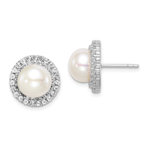 Sterling Silver Rhodium-plated 8-9mm White Button Freshwater Cultured Pearl and CZ Post Earrings