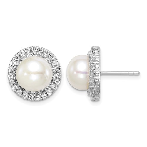Sterling Silver Rhodium-plated 8-9mm White Button Freshwater Cultured Pearl and CZ Post Earrings