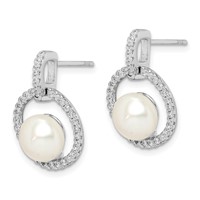 Sterling Silver Rhodium-plated 8-9mm White Button Freshwater Cultured Pearl and CZ Post Dangle Earrings view 2