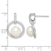 Sterling Silver Rhodium-plated 8-9mm White Button Freshwater Cultured Pearl and CZ Post Dangle Earrings view 4