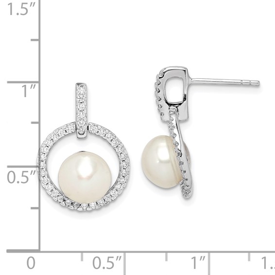 Sterling Silver Rhodium-plated 8-9mm White Button Freshwater Cultured Pearl and CZ Post Dangle Earrings