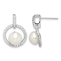 Sterling Silver Rhodium-plated 8-9mm White Button Freshwater Cultured Pearl and CZ Post Dangle Earrings view 1