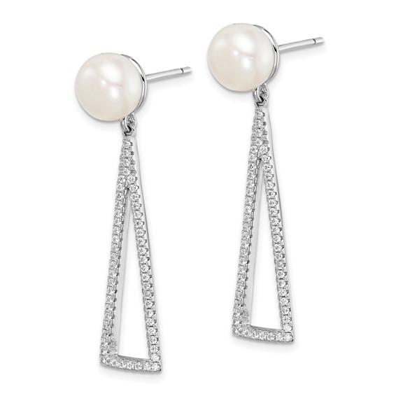 Sterling Silver Rhodium-plated 8-9mm White Button FWC Pearl CZ Earrings