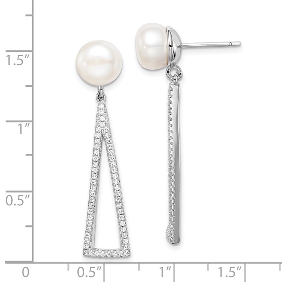 Sterling Silver Rhodium-plated 8-9mm White Button FWC Pearl CZ Earrings