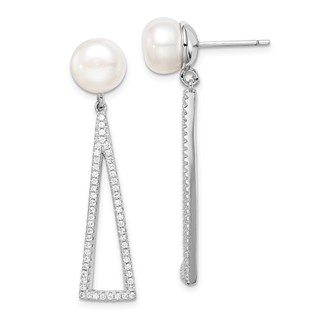 Sterling Silver Rhodium-plated 8-9mm White Button FWC Pearl CZ Earrings