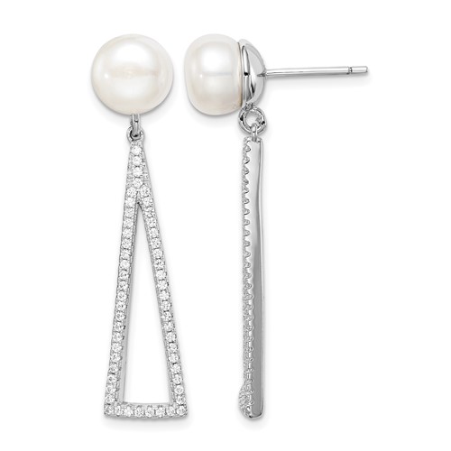 Sterling Silver Rhodium-plated 8-9mm White Button Fwc Pearl CZ Earrings