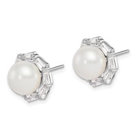 Sterling Silver Rhodium-plated 8-9mm White Button Freshwater Cultured Pearl and CZ Post Earrings view 2
