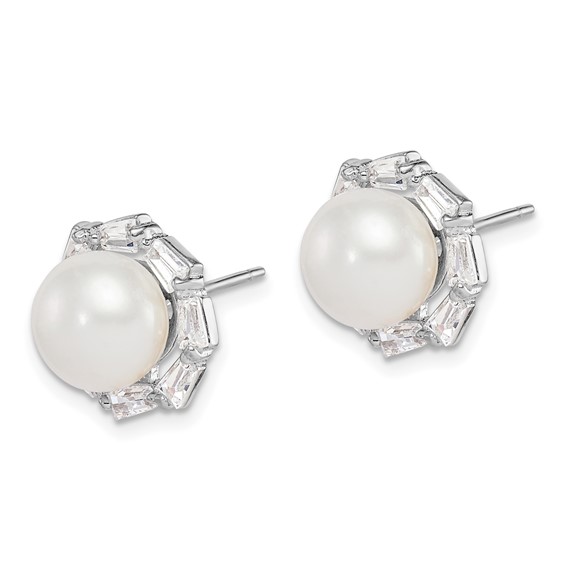 Sterling Silver Rhodium-plated 8-9mm White Button Freshwater Cultured Pearl and CZ Post Earrings