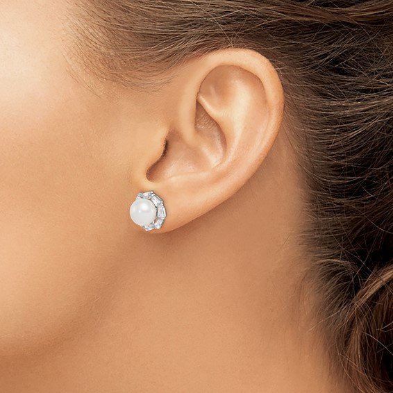 Sterling Silver Rhodium-plated 8-9mm White Button Freshwater Cultured Pearl and CZ Post Earrings