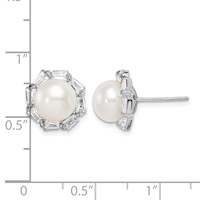 Sterling Silver Rhodium-plated 8-9mm White Button Freshwater Cultured Pearl and CZ Post Earrings view 4