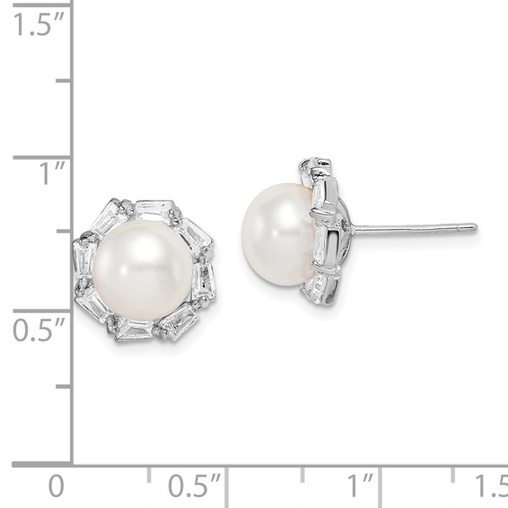 Sterling Silver Rhodium-plated 8-9mm White Button Freshwater Cultured Pearl and CZ Post Earrings
