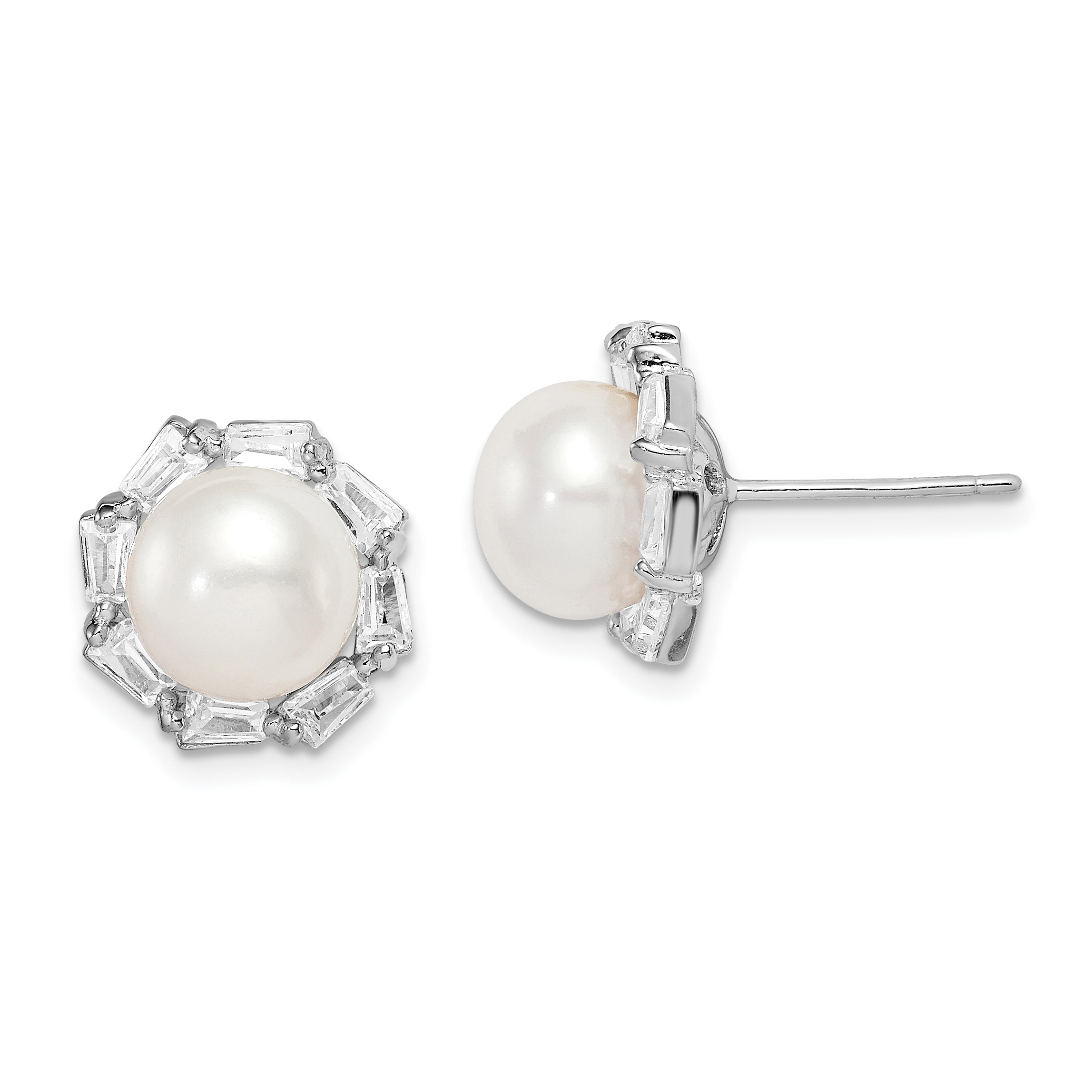 Sterling Silver Rhodium-plated 8-9mm White Button Freshwater Cultured Pearl and CZ Post Earrings (QE15267)