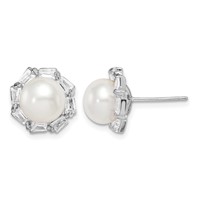 Sterling Silver Rhodium-plated 8-9mm White Button Freshwater Cultured Pearl and CZ Post Earrings view 1