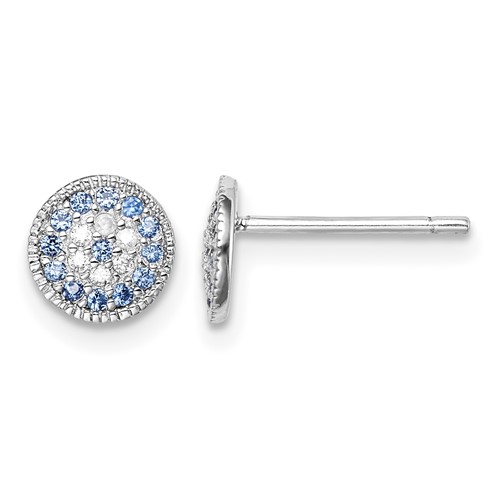 Sterling Silver Rhodium Plated Blue Spinel and Clear CZ Post Earrings
