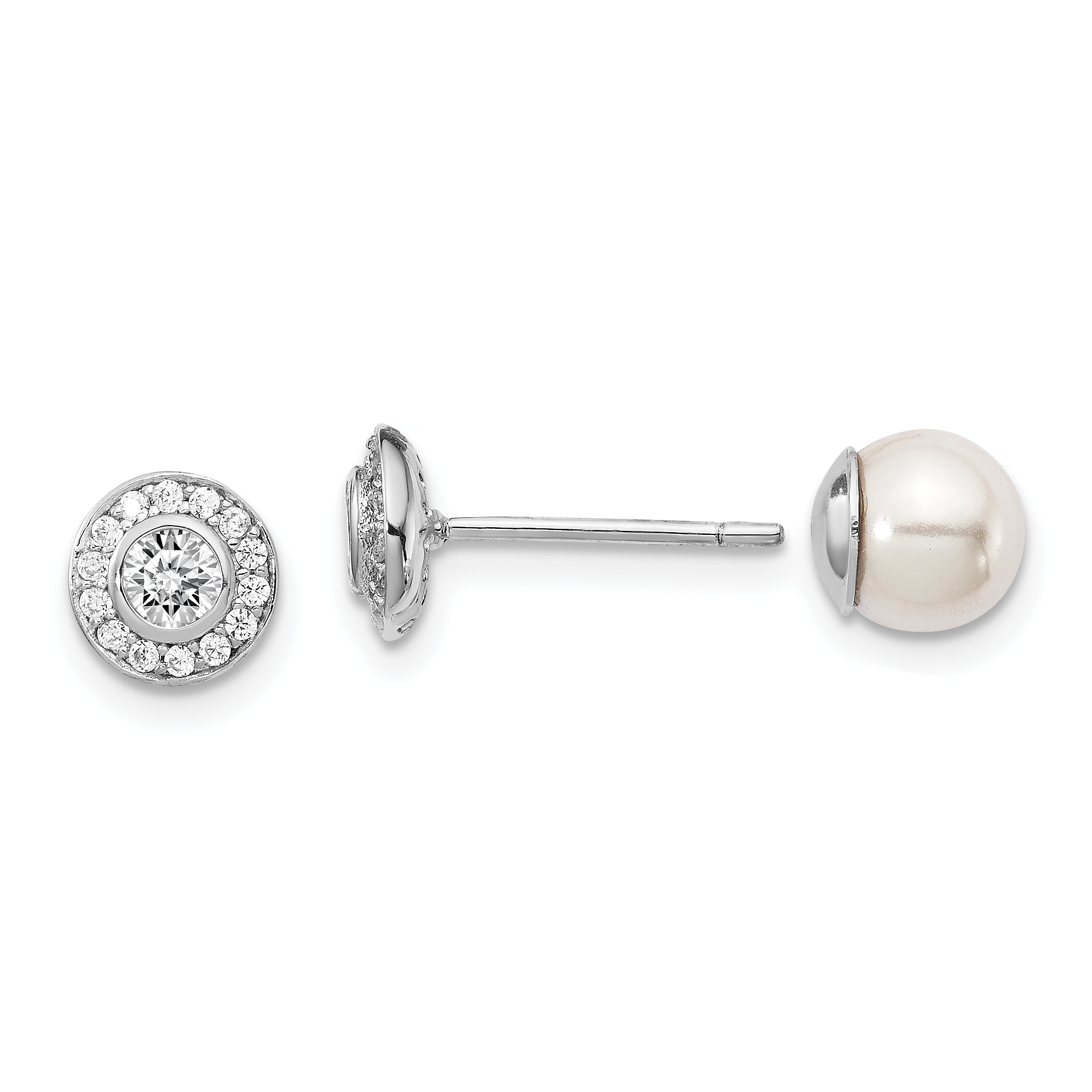 Sterling Silver Rhodium-plated Polished White 5-6mm Mother of Pearl & CZ Halo Reversible Post Earrings (QE15272)
