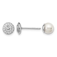Sterling Silver Rhodium-plated Polished White 5-6mm Mother of Pearl & CZ Halo Reversible Post Earrings view 1