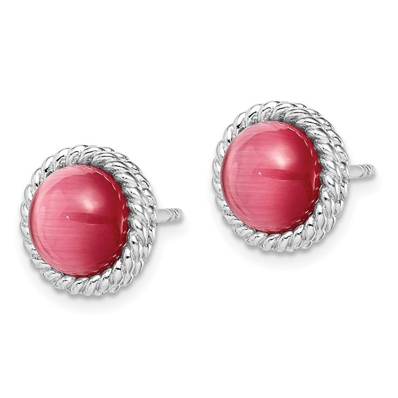 Sterling Silver Rhodium-plated Created Pink Cats Eye Post Earrings