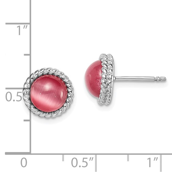 Sterling Silver Rhodium-plated Created Pink Cats Eye Post Earrings
