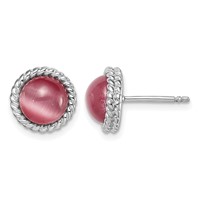 Sterling Silver Rhodium-plated Created Pink Cats Eye Post Earrings view 1