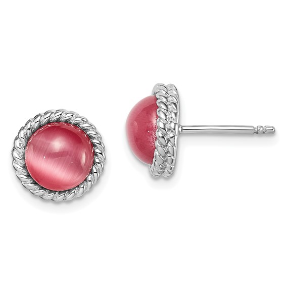 Sterling Silver Rhodium-plated Created Pink Cats Eye Post Earrings
