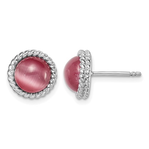 Sterling Silver Rhodium-plated Created Pink Cats Eye Post Earrings